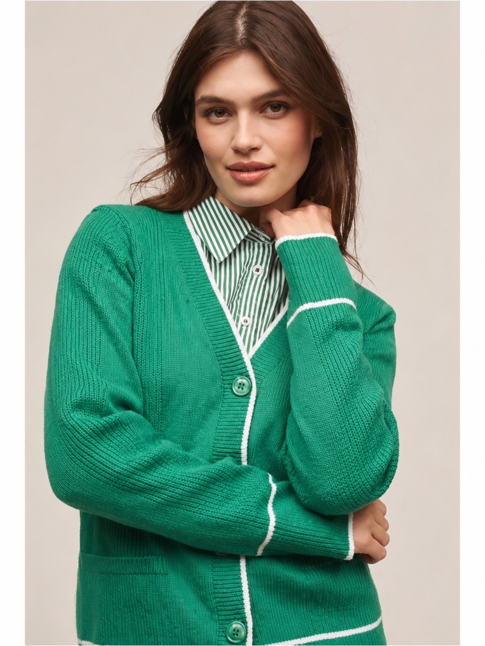 NWT Maeve Sporty Tipped V-Neck Cardigan Sweater, Size XL